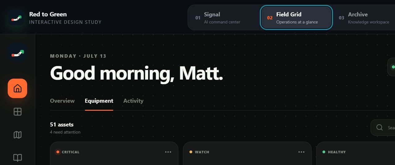 Equipment fleet interface showing asset condition and service context